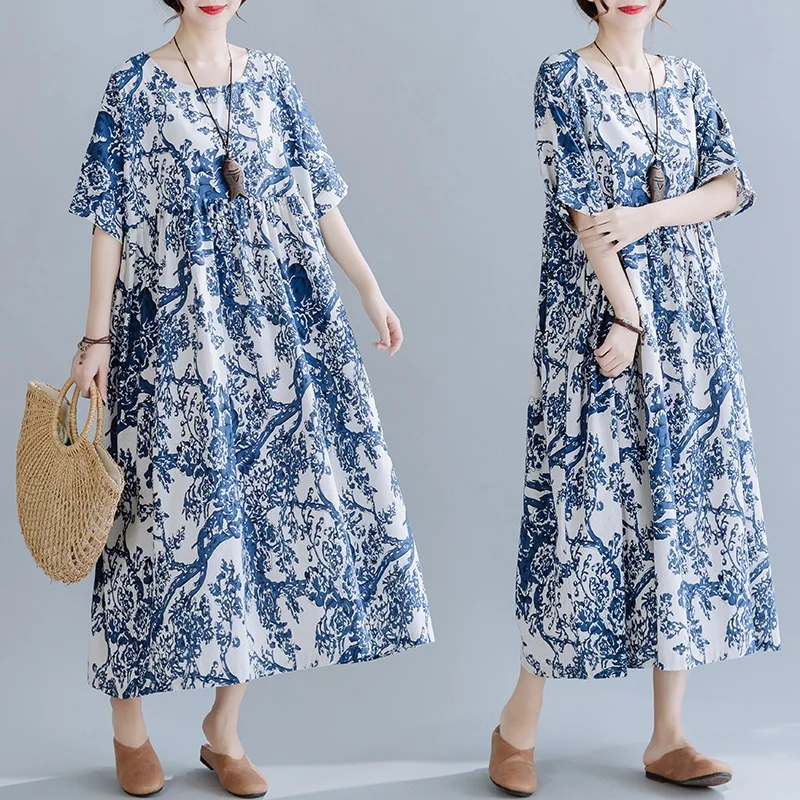 

Летнее платье из хлопка и конопли с принтом, новое свободное Повседневное платье, синее цветочное винтажное платье большого размера, халат с коротким рукавом, кафтан