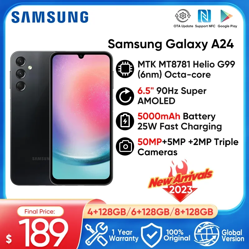 

Samsung Galaxy A24 A245F-DSN 4G MTK MT8781 Helio G99 90Hz Super AMOLED Display 50MP Triple Camera For Galaxy Watch 6