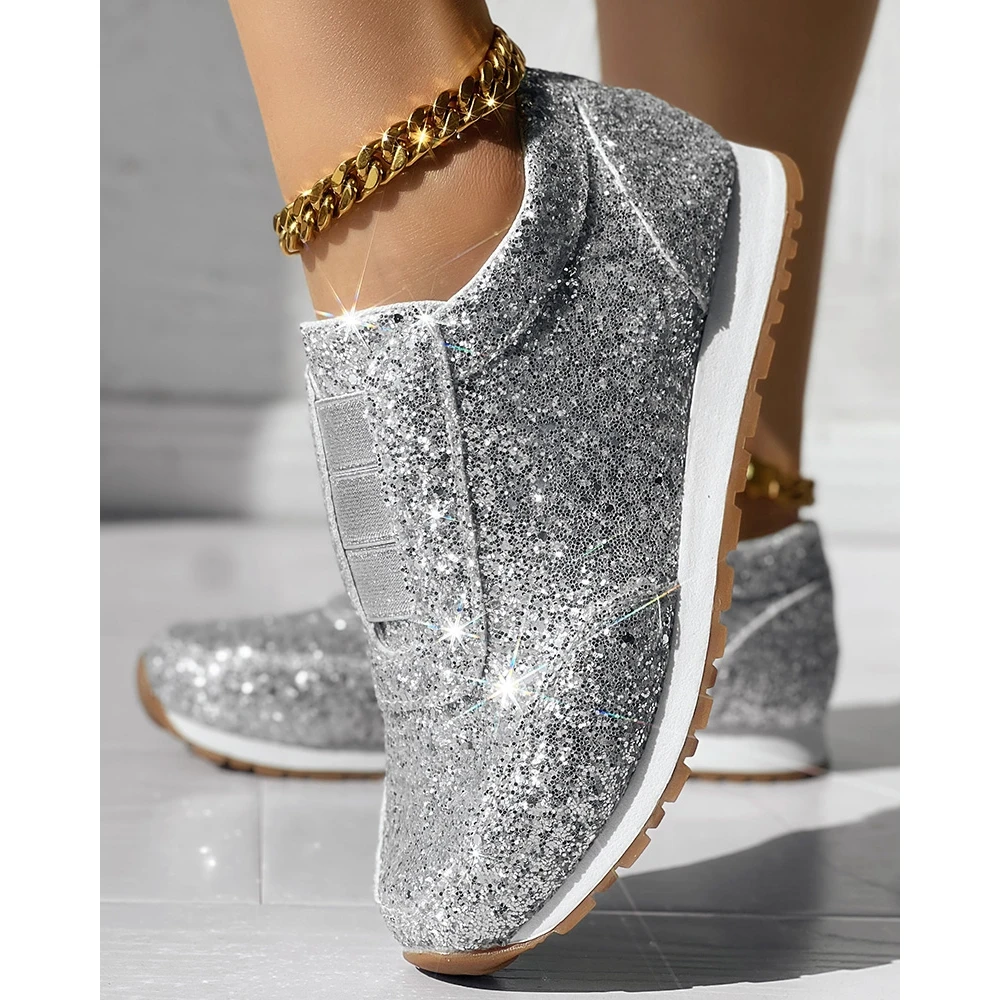 Women Bling Sequin Decor Round Toe Platform Sneakers Autumn Women Casual Daily Flats Shoes 2024 Korean Style Spring Autumn