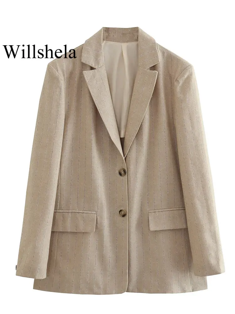 

Willshela Women Fashion With Pockets Khaki Single Breasted Blazer Vintage Notched Neck Long Sleeves Female Chic Lady Outfits