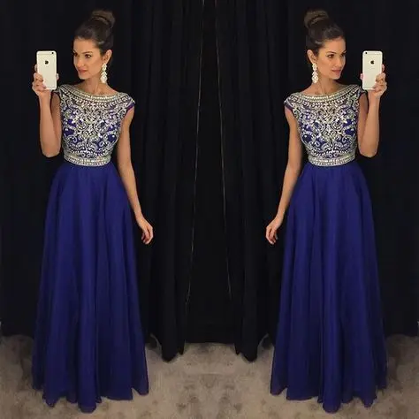 

Royal Blue Beaded Crystal Prom Dresses Long vestidos de fiesta largos elegantes de gala A Line Imported Party Dress