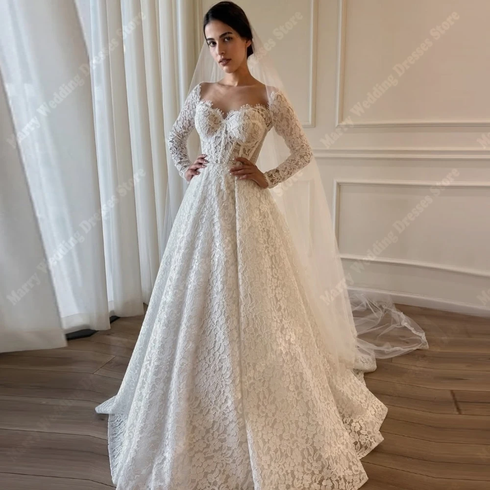 chinese dress ladies A-Line High Neck Lace Long Sleeves Wedding Dress Bridal Gowns with Train QW8085 US14 / White & Ivory