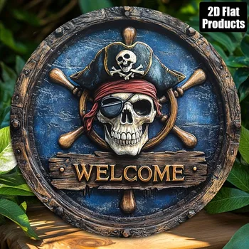Targa in metallo pirata a tema nautico - Arte rotonda in alluminio piatto 2D 8x8" con tavola "WELCOME", ideale per casa/bar/caffetteria, arredamento durevole
