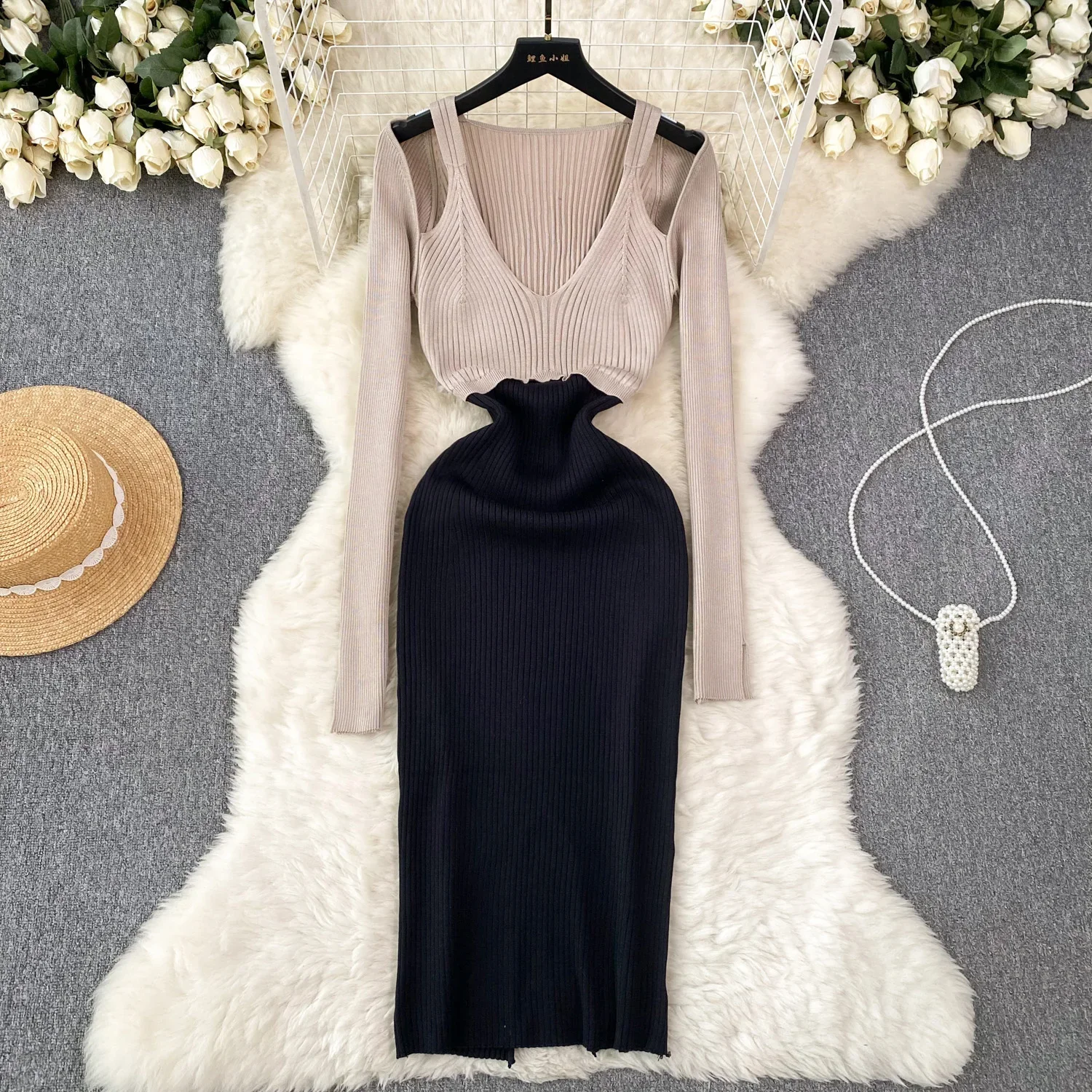 Women Clothing Summer Autumn Sexy Wooden Ear Stitching Split Dress