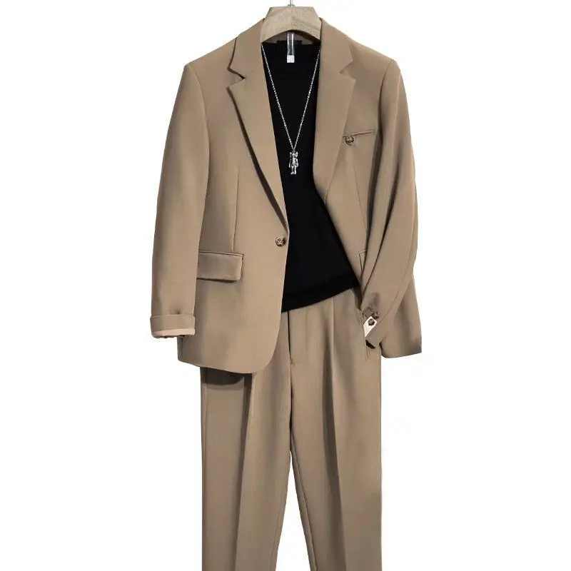 Men Fashion Spring Autumn Business Casual Office Suits New Suit Set Men Trendy Summer Korean Pure Color Loose Two-piece Set