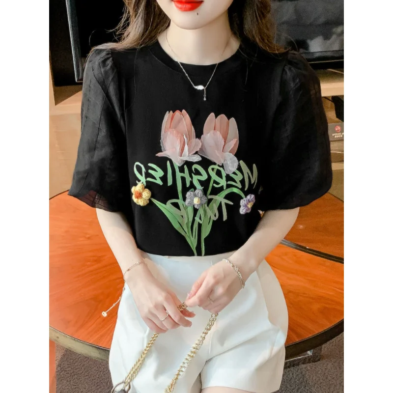 

Women's Clothing New Summer Short Sleeve T-shirt Women O-neck Loose Korean Print Black Top Casual Fashion T Shirt Woman Q163