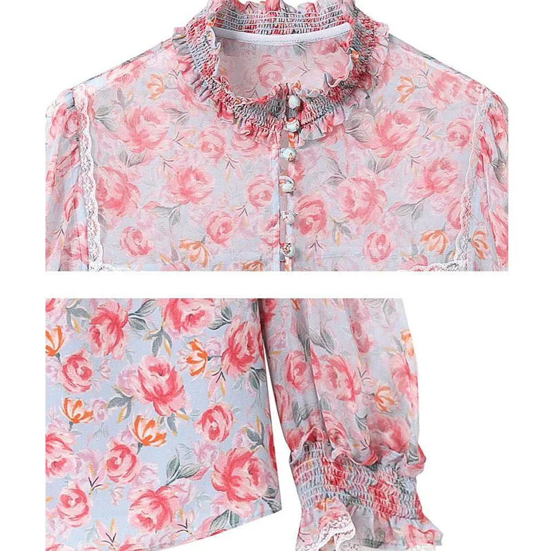 Spring Autumn Ruffle Lace Elegant Sweet Floral Print Button Shirt Women Fashion Casual Long Sleeve Loose Blouse Top Blusas Mujer