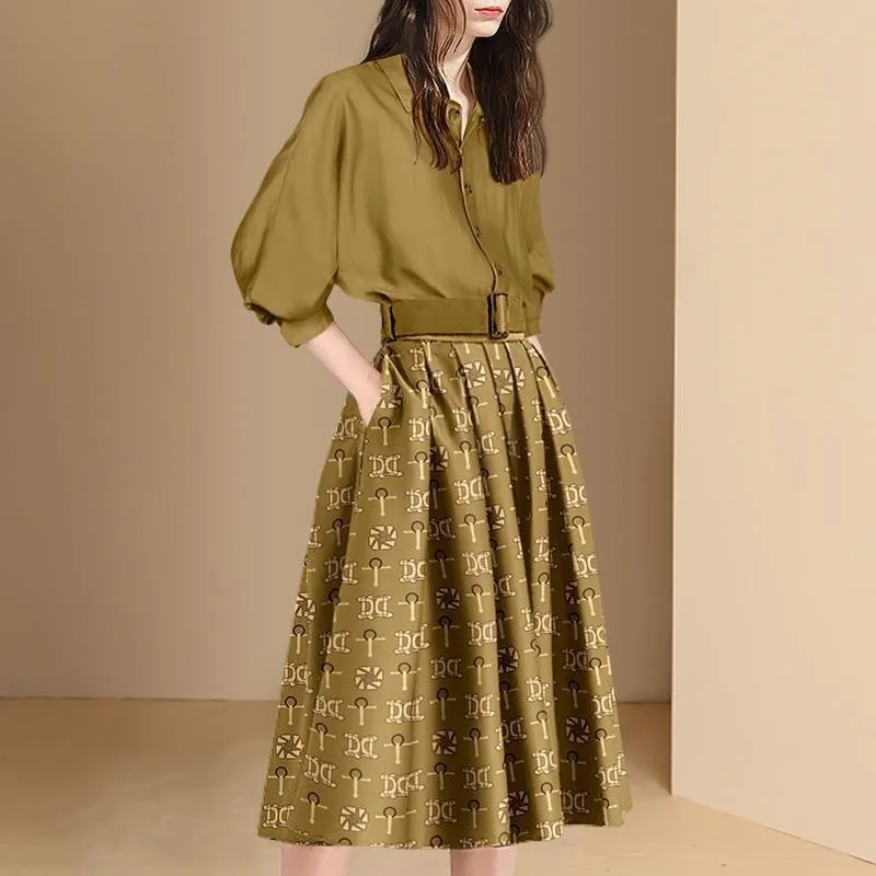 

2023 Chic and Elegant Summer Dress Sets for Women Ladies Seven Sleeves Blouse and Printed Mid-Length Skirt Female Commuting Wear