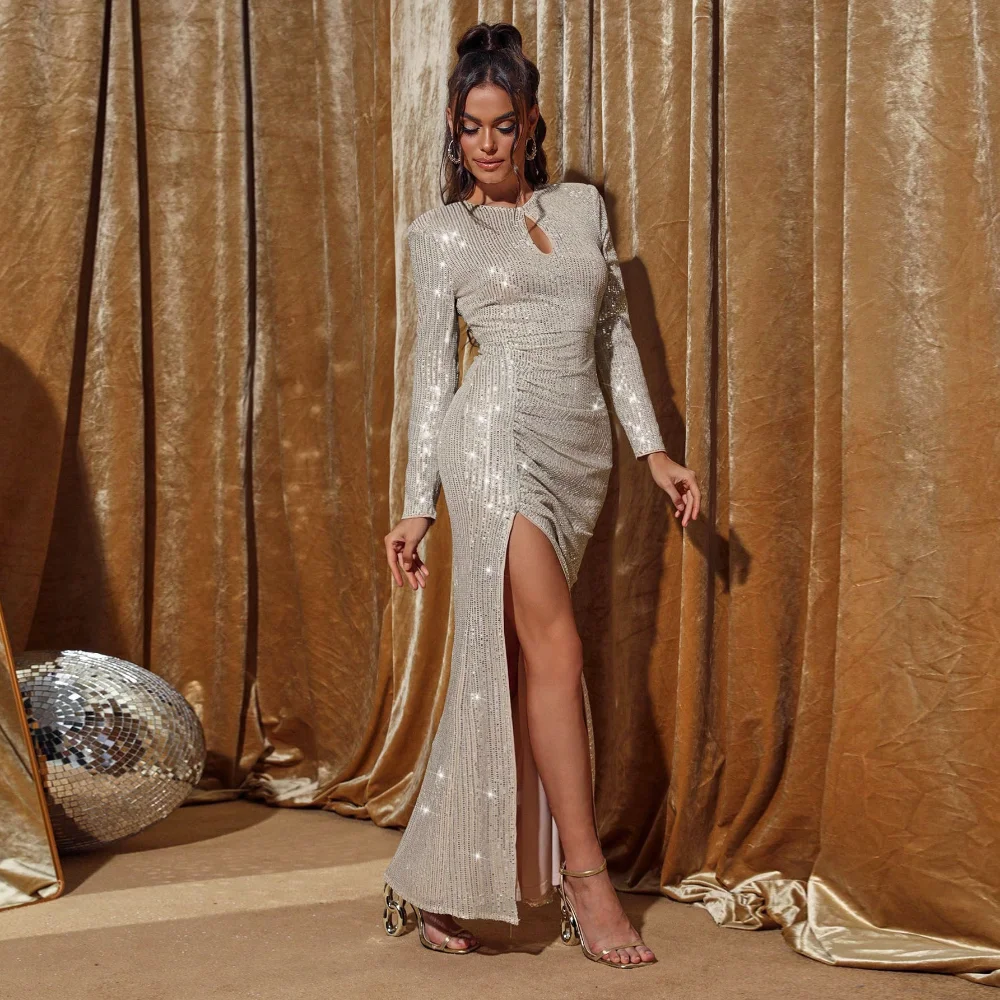 

Women's Sequined Long Sleeve High Split Round Neck Maxi Dress, Elegant Party Dress, High Waist