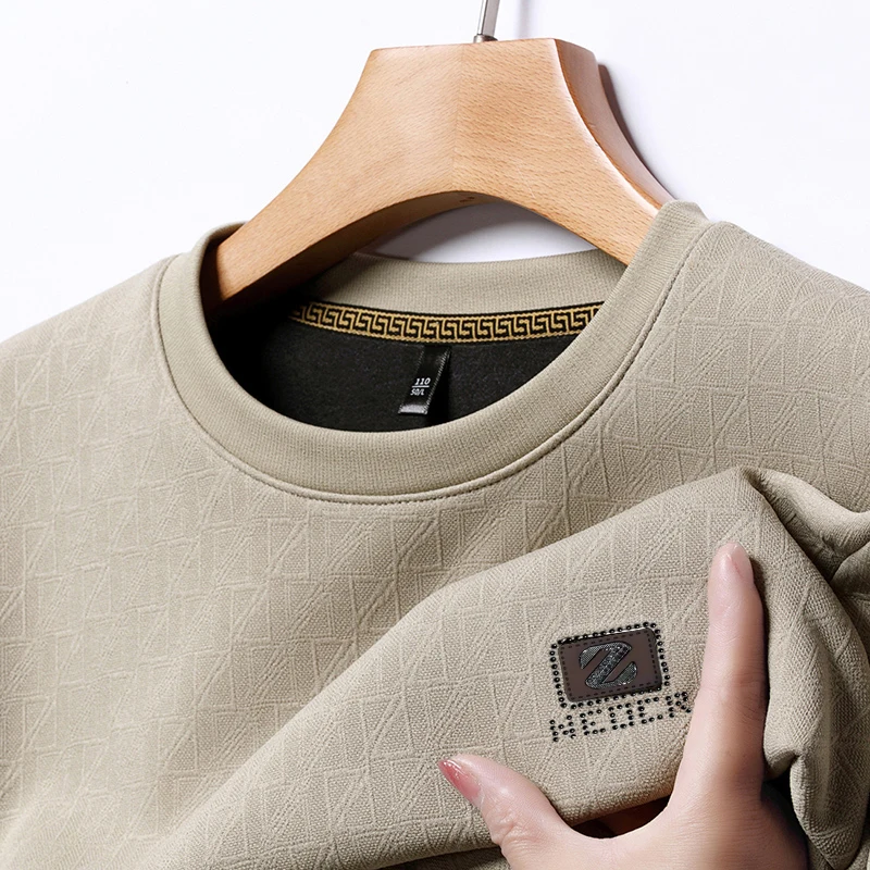 

High Quality Silk Cotton Jacquard Waffle Long Sleeve Pullover T-shirt Autumn/Winter Thickened Trend Printing Men's Clothing Top