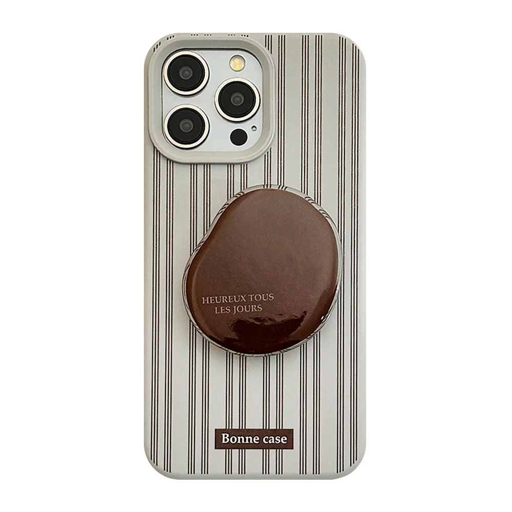 Vintage Blue Phone Case with Brown Vertical Stripes and Coffee Bean Holder