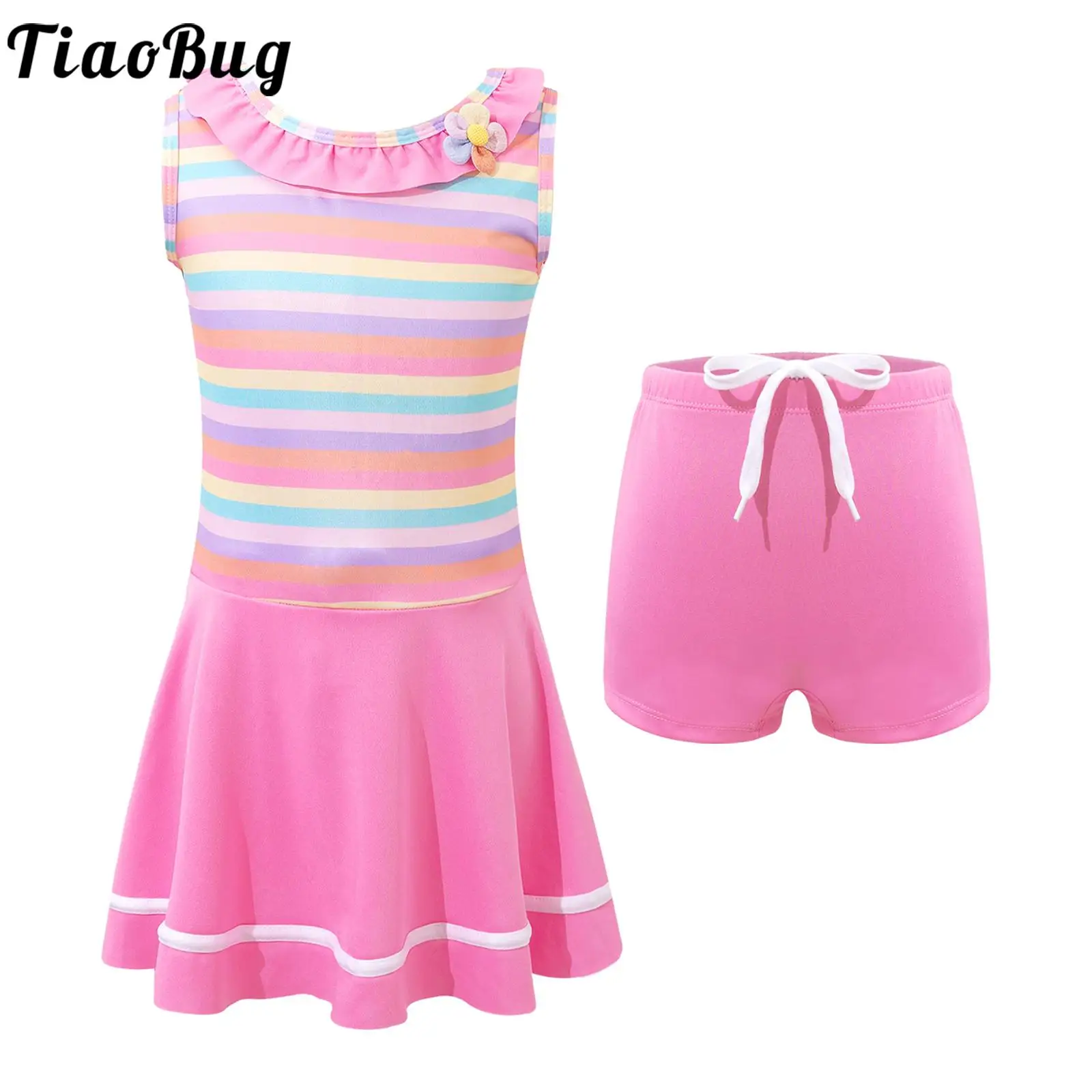 

Kids Girls Sleeveless Striped Print Swim Dress with Boyshort Beach Swimwear Sets Water Sports Bathing Suit Pool Party Swimsuit