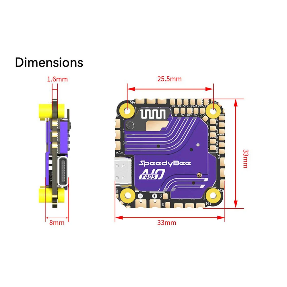 Contrôleur de vol SpeedyBee F405 AIO 40A avec gyroscope ICM-42688P, présenté avec un drone FPV 5 pouces pour illustrer l'échelle.