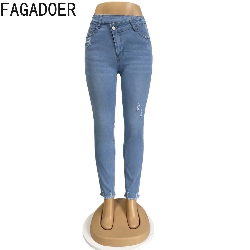 FAGADOER Blue Fashion Elasticity Denim Skinny Pencil Pants Women High Waisted Button Pocket Jean Trousers Female Cowboy Bottoms