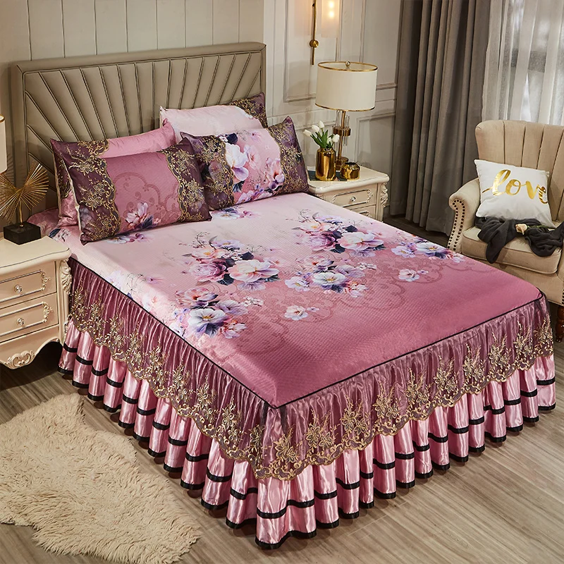 

Luxury Lace Smooth Cool Summer Bedspread Thick Home Bed Skirt + Pillowcase Bed Sheets Embroidery European-style Bed Spreads