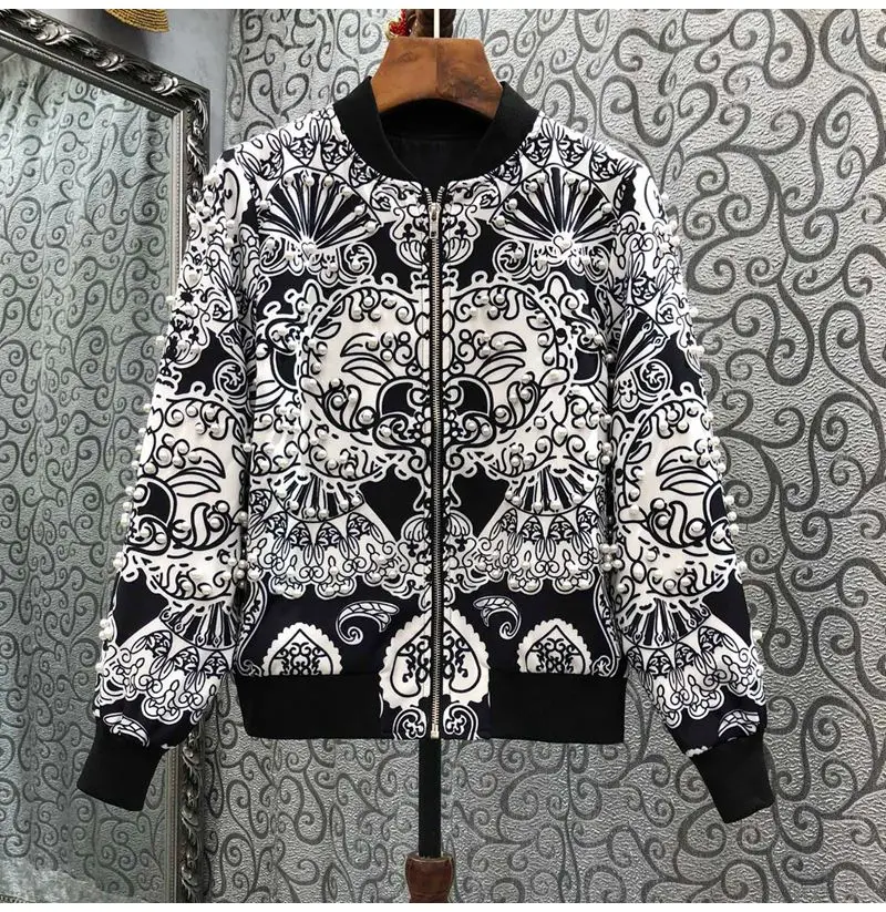 

High Quality New Jacket 2022 Autumn Winter Casual Jacket Women Vintage Print Hand Made Beading Deco Long Sleeve Bomber Jackets