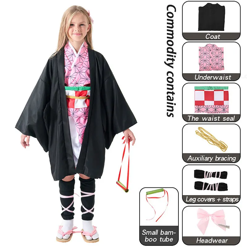 

Kawaii Anime Nezuko Cosplay Costume Kimono COS Ghosts Kamado Nezuko Tanjirou Costumes Wig Earrings Kimonos Uniform Clothes Suit