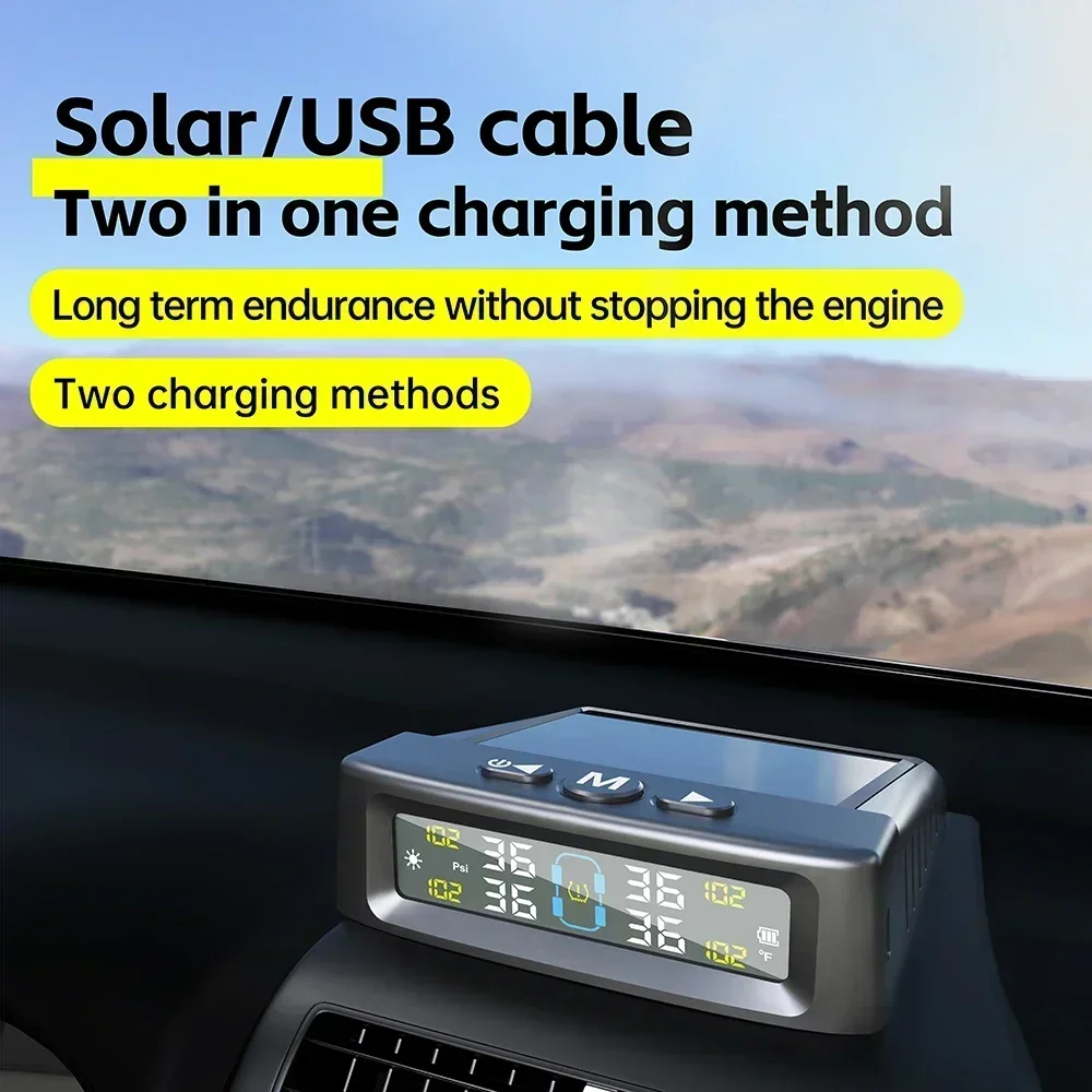 TPMS Tire Pressure Monitoring System Car Safety Alarm System Wireless Solar&USB Powered 4 Sensors with Color Digital Display car tire pressure monitor