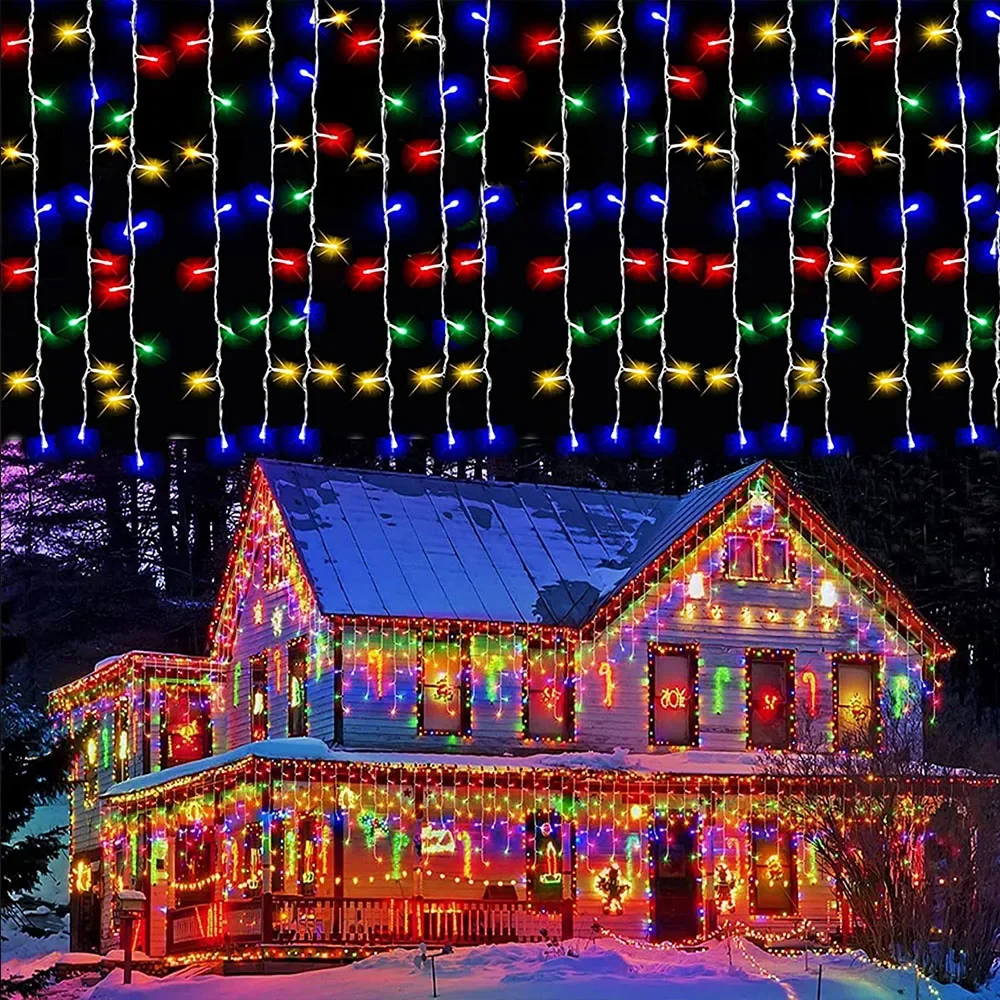 Decoración navideña de Ramadán 2023 para el hogar, exterior, impermeable, cortina LED, guirnalda de luces de carámbanos, guirnalda de calle para la casa, invierno