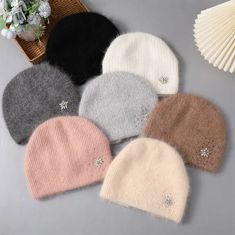 CNTANG Hat For Women Winter Warm Fashion With Diamond Flower Beanies Knitted Angora Long Rabbit Fur Hats Double Layer Ladies Cap 6