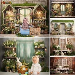 Spring Easter Background for Studio Photography Potted Plant Garden Door Backdrop Kids Cake Smash Photo Interior Photoshoot Prop