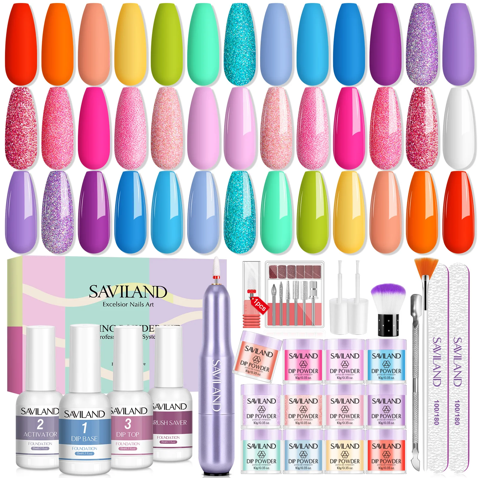 thumbnail image 1 of Kit de 20 colores de polvos para uñas de SAVILAND, polvos para uñas de inmersión de verano con líquido para polvos de inmersión, activador de capa superior y base, 1 of 4