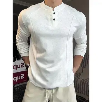 Camicia POLO Henry Collar T-shirt a maniche lunghe T-shirt autunnali da uomo Camicia con fondo impiombato Primavera Autunno Top Felpa