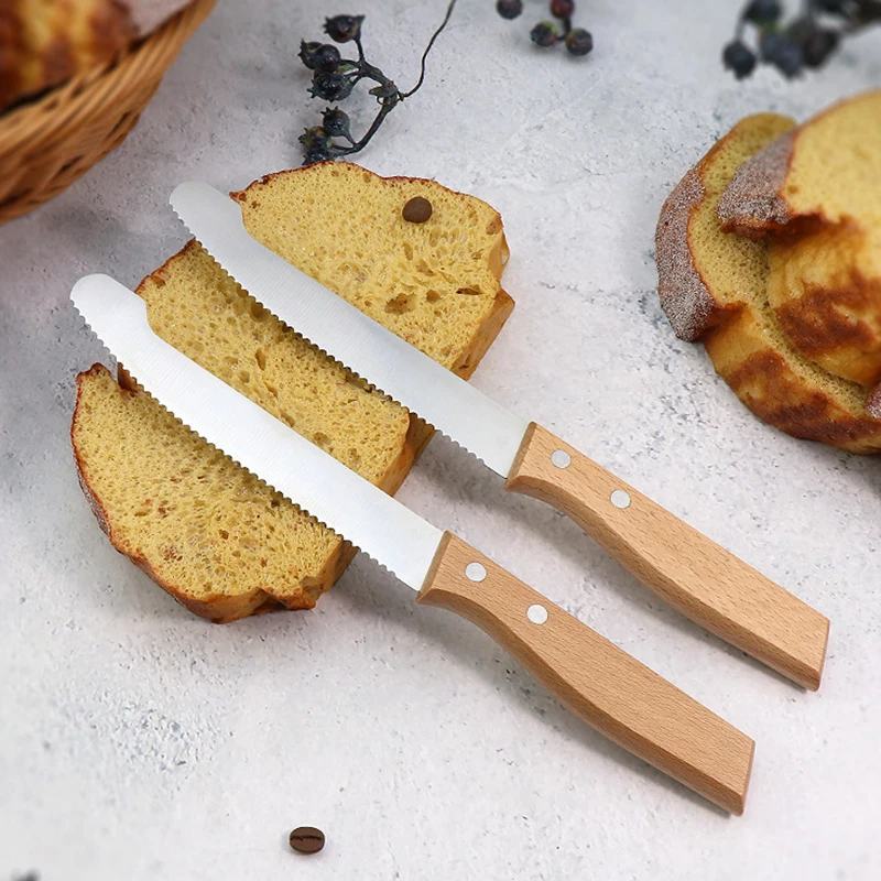 Stainless Steel Bread Knife Serrated Knife Wooden Handle Fruit Bread Slicer Cake Slicing Cookie Cutter