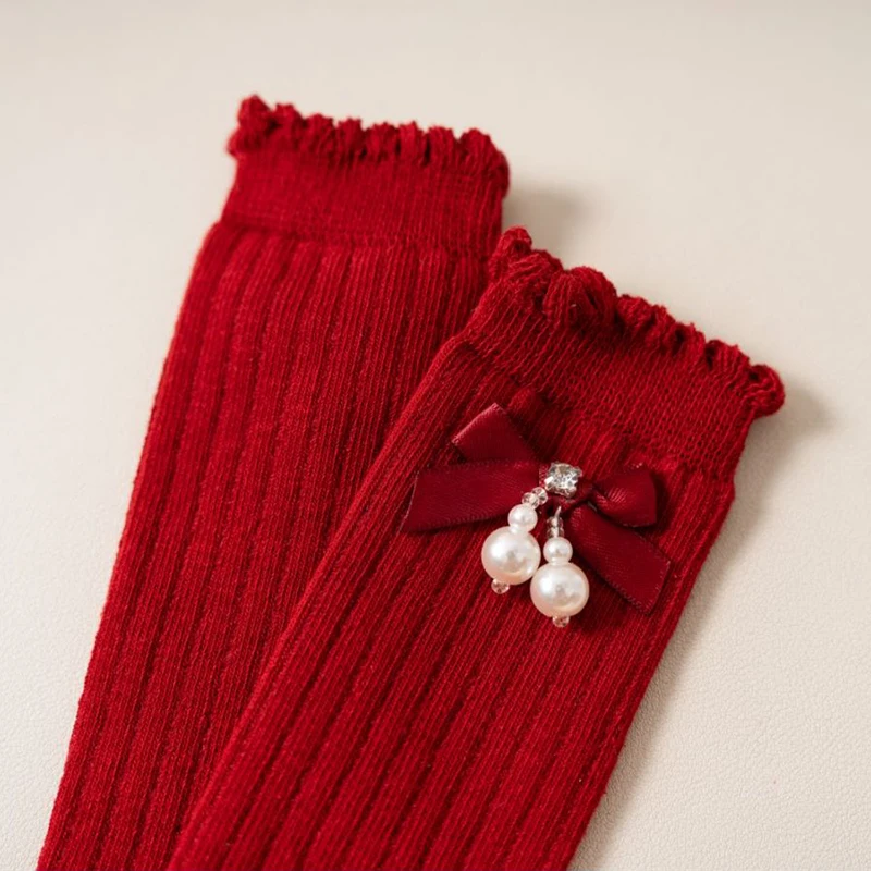 Cute Baby Girl s Winter Knee High Socks with Sparkly Bow and Pearl Detail Non-Slip Ribbed Calf Socks for 0-4 Years Old