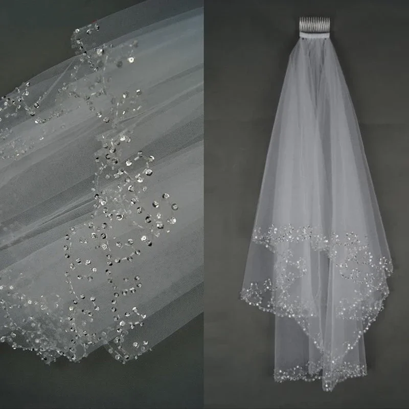 Crystal Beaded Wedding Veils Tulle Two Layer Bridal Veil Elegant Bridal Veil Wedding Accessories Party Veils With Comb bridal veil