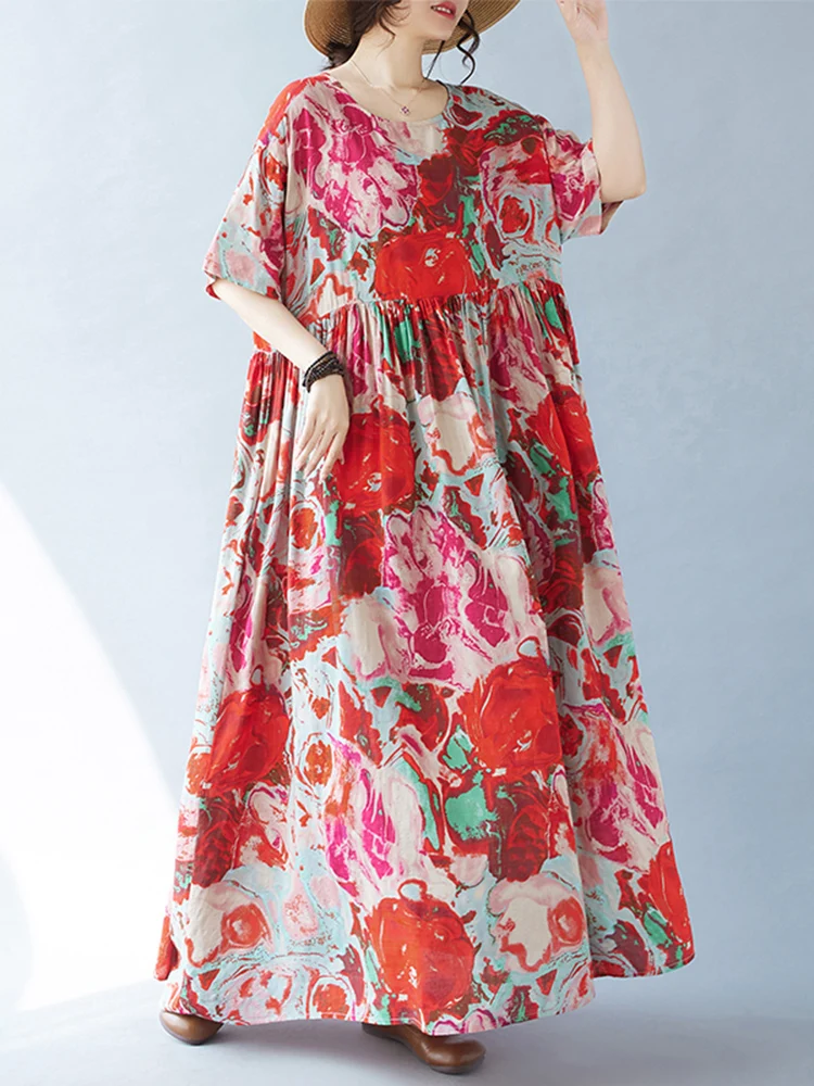 2025 New Summer Cotton Vintage Casual Loose Print Dresses For Women Holiday Boho Dress Femme Robe Vestidos Elegant Long Clothing