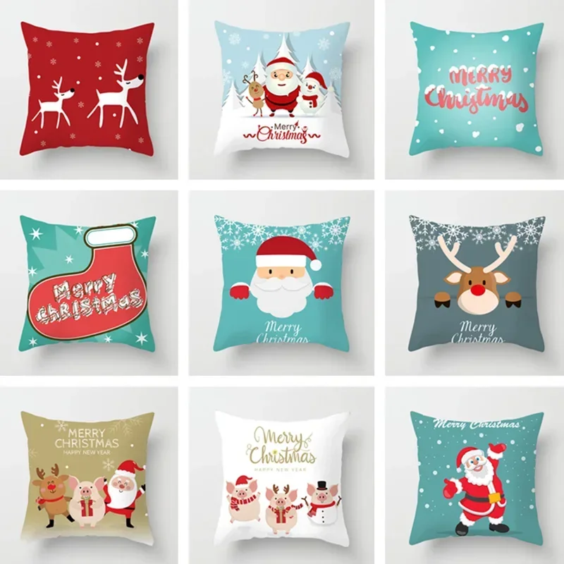 

4pcs/ set Cute Cartoon Santa Claus Elk Socks Text Sofa Seat Bedroom Restaurant Office Christmas Decoration Printed Pillow Cover