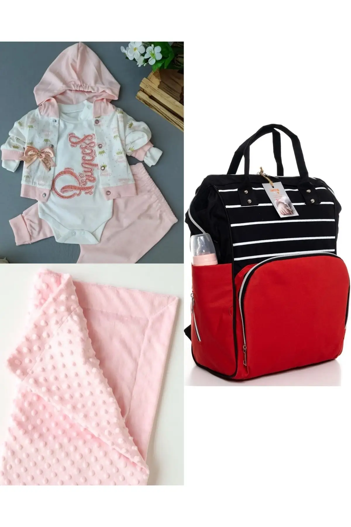 

Functional Mother Baby Care Backpack, 100% Cotton Hospital Exit And Chickpea Blanket Set Cotton Pink