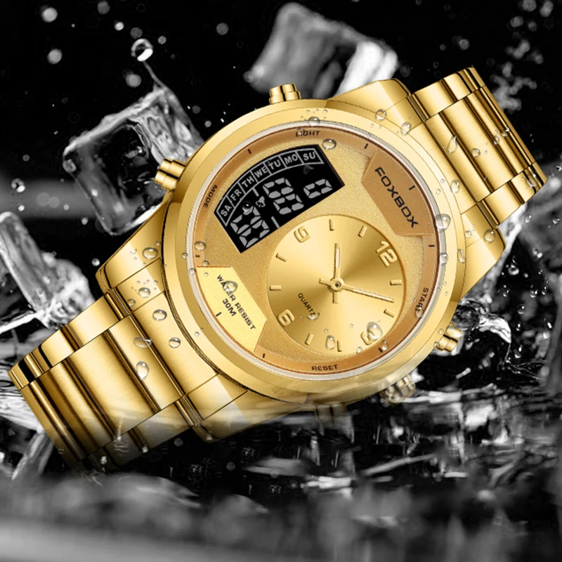 FOXBOX New Gold Quartz Wristwatch For Men Fashion Military Sport Waterproof Watch Men Top Brand Luxury Dual Display Watch Men 4