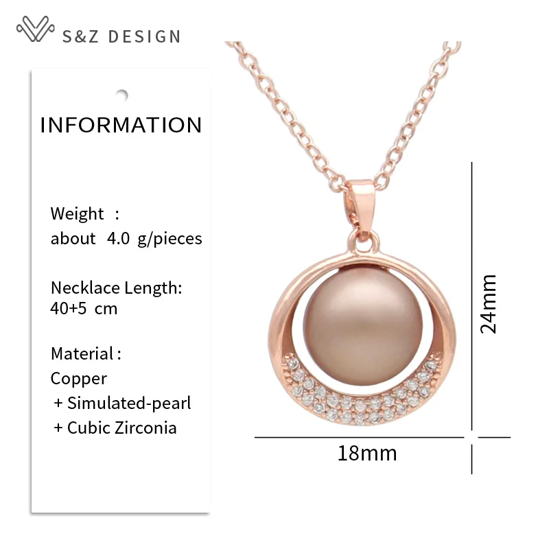 S&Z DESIGN New Fashion Round Simulated-pearl Pendant Necklace For Women Wedding 585 Rose Gold Color Cubic Zirconia Jewelry