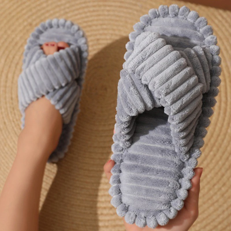 Corduroy Flat Home Slippers for Women 2024 Fashion Cross Band Warm Plush Slides Woman Indoor Lightweight Soft Sole Cotton Shoes
