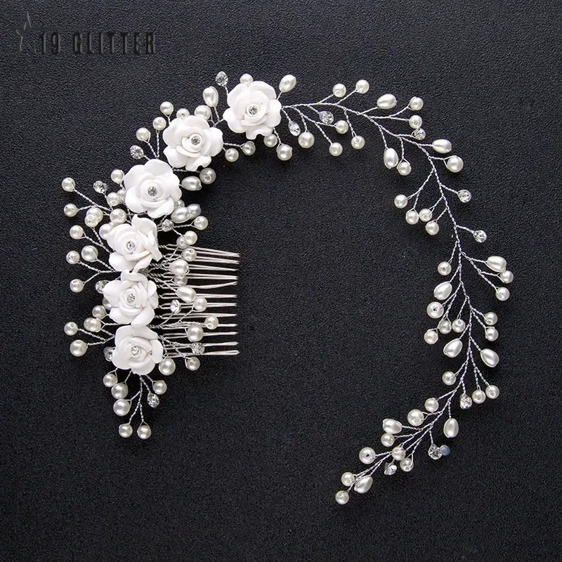 Hair Accessory Bridal Wedding Crystal Bride Hair Accessories Pearl Flower Headband Handmade Beads Decoration Hair Comb For Women