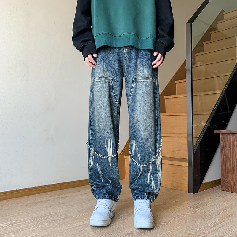 Men Tie Dye Gradient Color Brown Jeans Mens American Retro Jean Pants High Street Trendy Brand Chain Design Cargo Pants Techwear