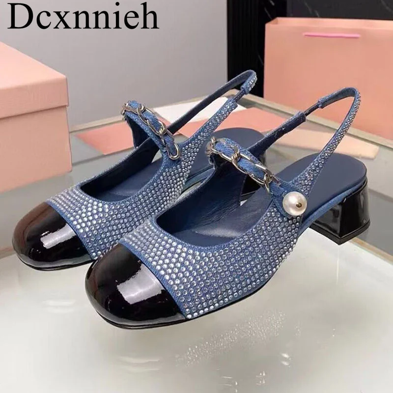 

Summer Pearl Chain Decorative Sandals Women's Square Heel Baotou Single Shoes Colored Water Diamond Decorative Mary Jane Shoes