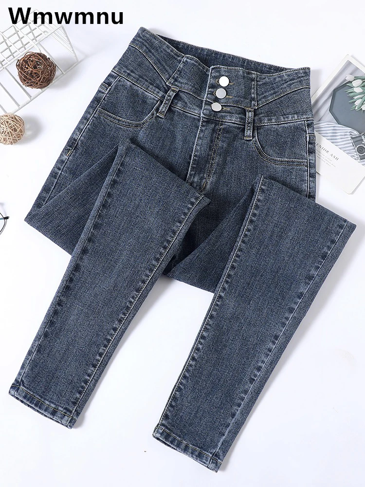 Calça feminina de lápis jeans de cintura alta, jeans skinny casual