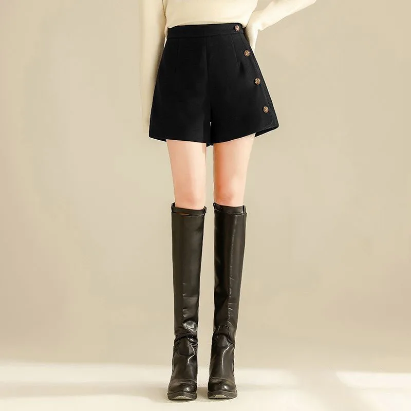 Women's Clothing Button Spliced High Waist A-Line Shorts Spring Autumn Commute All-match Solid Color Loose Pants for Female