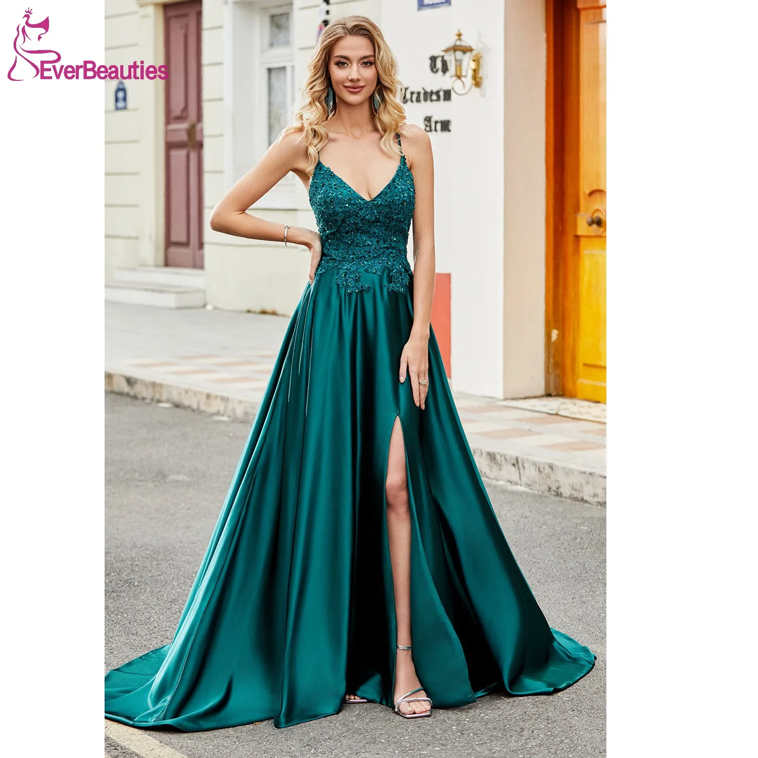 

A Line Satin Appliques Prom Dress Long Side Slit Vestidos De Gala Mujer Formal Party Dress Elegant Plus Size Evening Dress