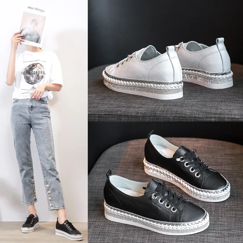 Black New Luxury Crystals Round Toe Women Shoes Bordered Fringe Platform Casual Shoes Female Shoe Rhinestone White Women Shoes