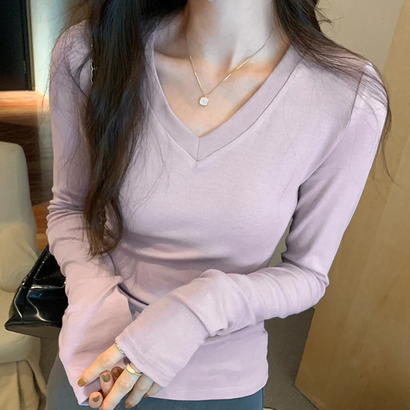 

Thin Long Sleeve Top V-Neck T Shirt For Women Autumn Basic Elastic T-Shirts Korean Style Woman Clothes Camisetas Tee Shirt Femme