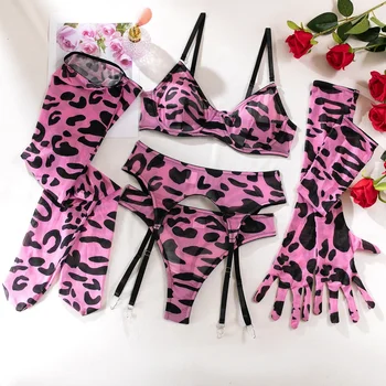 Guanti reggiseno stampati leopardati rosa sexy Calzini per le gambe Set di lingerie Prospettiva da donna Comodo abito intimo per abbigliamento esotico in rete