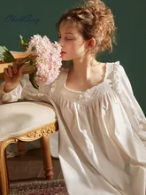 

Spring And Autumn Light Luxury Plus Size Women's Long Loose Square Collar Solid Color Cotton Nightdress Pajamas Home Clothes