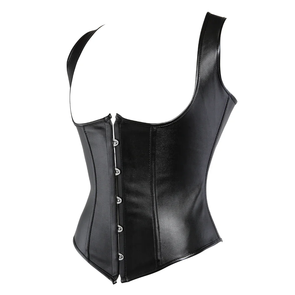 Womens Gothic Corset Faux Leather Bustier Steel Boned Corsets with Straps Steampunk Underbust Shapewear Party Costumes Plus Size