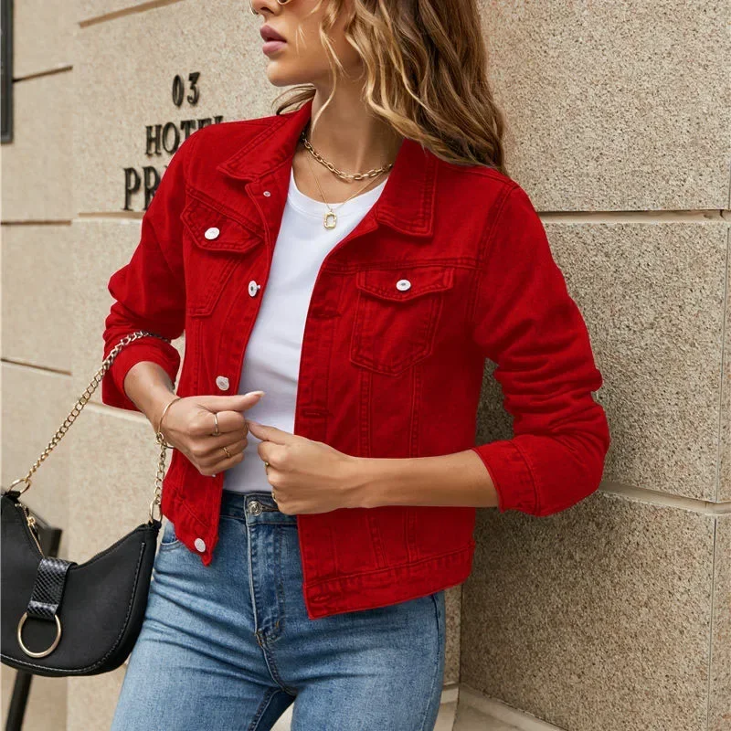 Women Jacket Denim Lapel Button Pocket Sleeve Fall Winter