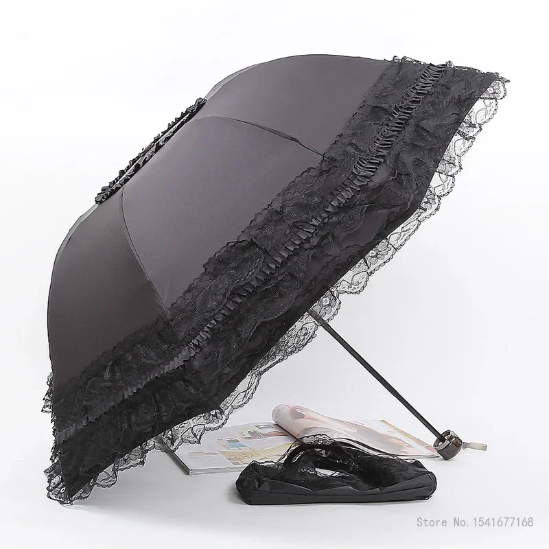 Men Women Lace Sun Umbrella, Rain Gear Folding 8 Bone Reinforcement Folding Business Travel Portable UV Protection Umbrella, 1Pc