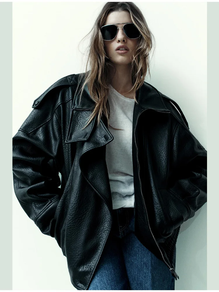 Straße Schwarz Stehkragen PU Leder Jacke frauen Mode Lange Sleeve Zipper Lose Kurzen Mantel 2025, Herbst Neue Dame oberbekleidung ﻿ – Detail 9